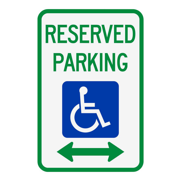 A white and green sign reading "Reserved Parking" with a white wheelchair symbol and double arrow pointing to the right.
