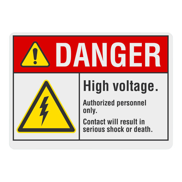 A white rectangular safety label with black text reading "Danger High Voltage Authorized Personnel Only" and a yellow triangle.