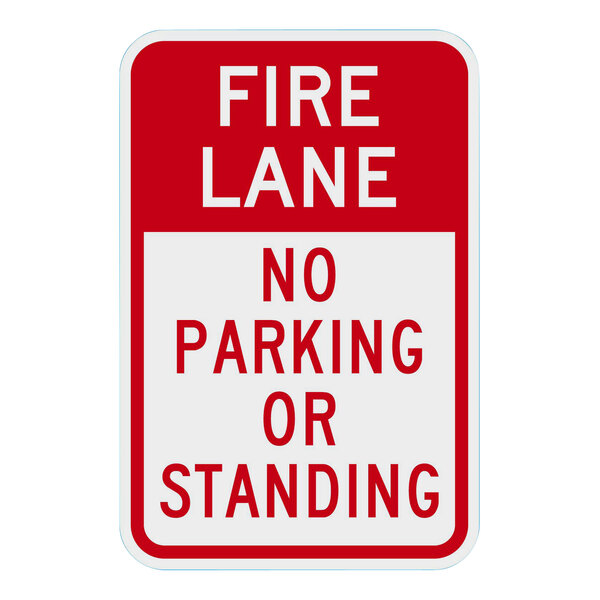 A white and red Lavex aluminum safety sign that says "FIRE LANE / NO PARKING OR STANDING" with white reflective lettering.