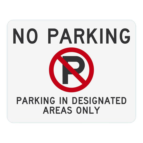 a white sign with black text and red circle