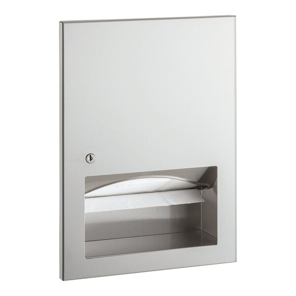 A Bobrick stainless steel recessed paper towel dispenser with a lock and satin finish.