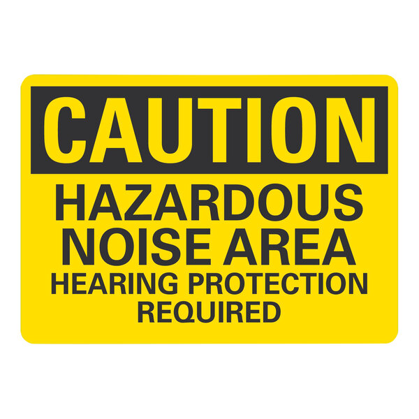 A yellow and black Lavex safety label that says "Caution Hazardous Noise Area Hearing Protection Required"