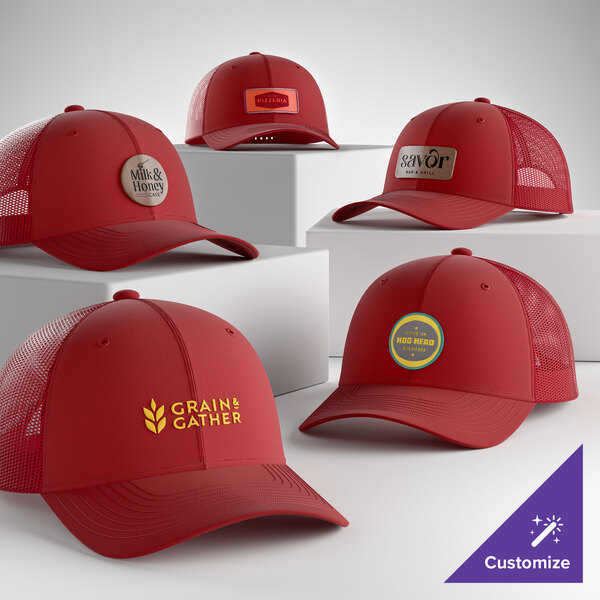 A collection of customizable flame red 6-panel trucker caps with mesh backs and various logo designs.