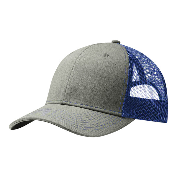 A Port Authority heather grey and blue trucker cap with a mesh back and a mesh front.