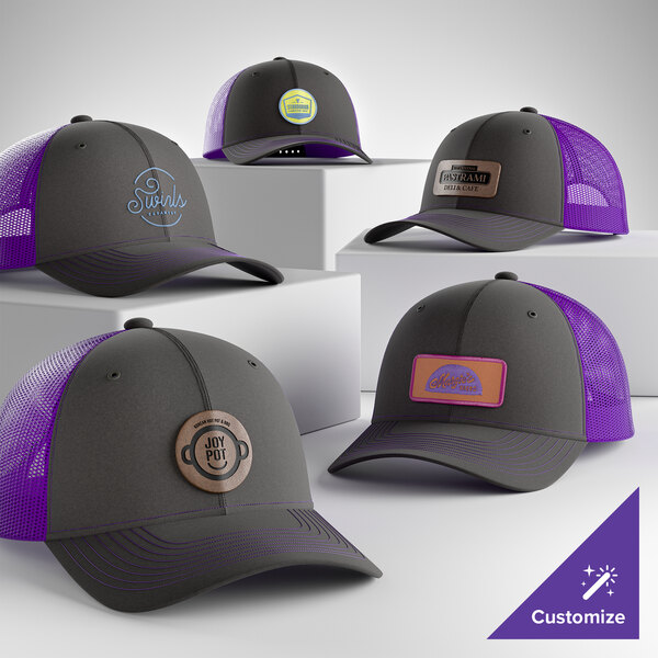 A customizable grey and purple 6-panel trucker cap with a mesh back and structured, mid-profile design.