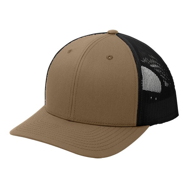 A brown and black Sport-Tek trucker cap with mesh back.