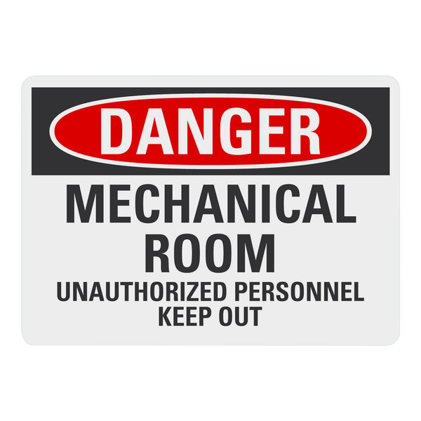 A white Lavex adhesive vinyl safety label with black text reading "Danger Mechanical Room Unauthorized Personnel Keep Out"