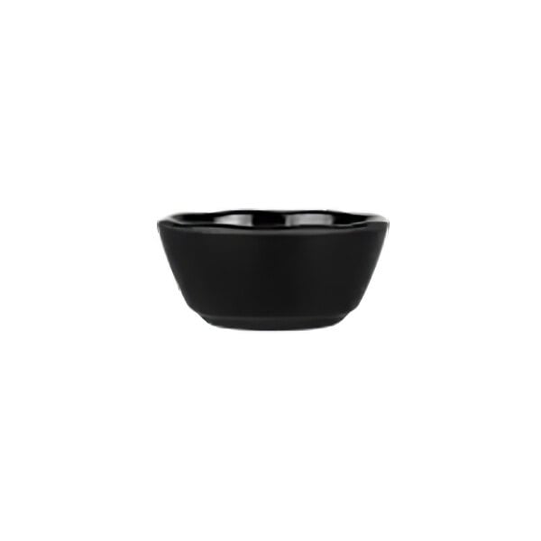 A close-up of a black Elite Global Solutions melamine ramekin.