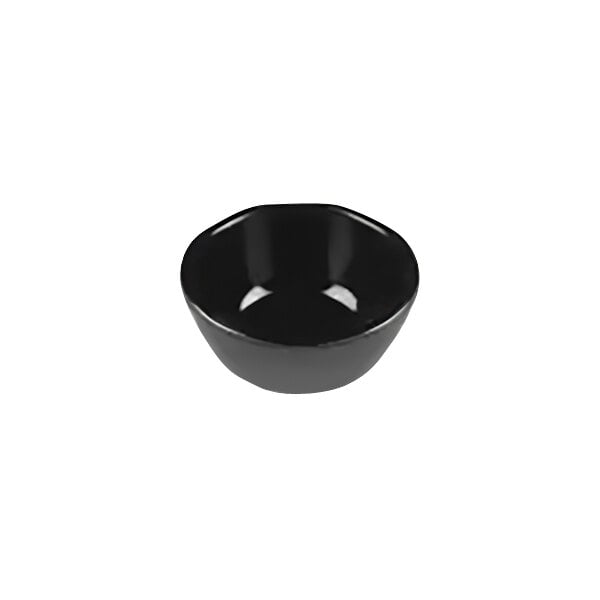 A black Elite Global Solutions Tenaya melamine ramekin with a white background.