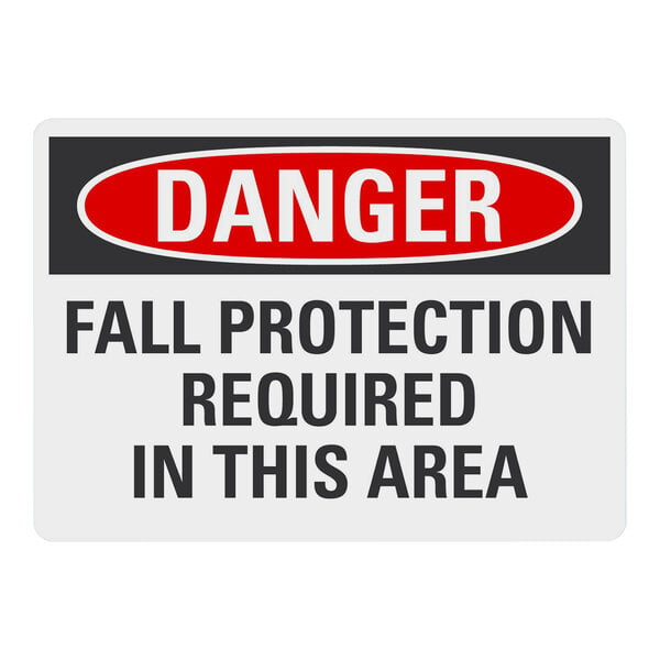 A white rectangular Lavex adhesive vinyl safety label with black text that says "Danger Fall Protection Required In This Area"