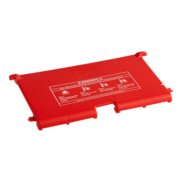 A red plastic Regency shopping cart seat.