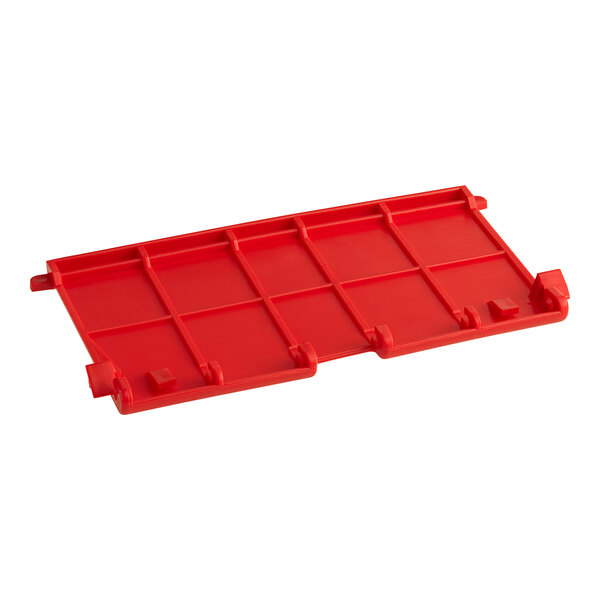 A red plastic seat for a shopping cart with four compartments and hooks.