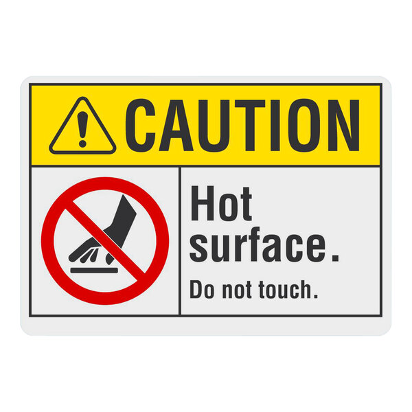 A yellow and black Lavex plastic "Caution / Hot Surface / Do Not Touch" safety sign on a restaurant counter.