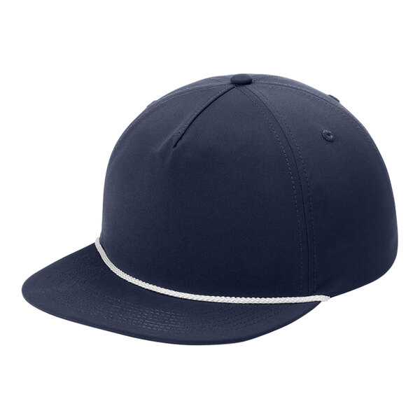 A navy 5-panel cap with a white band.