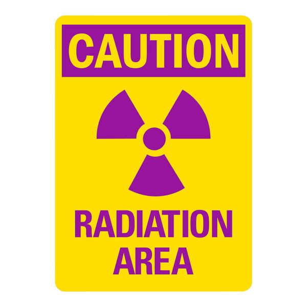 A yellow and purple sign reading "Caution / Radiation Area" with a symbol of a circle and a cone.