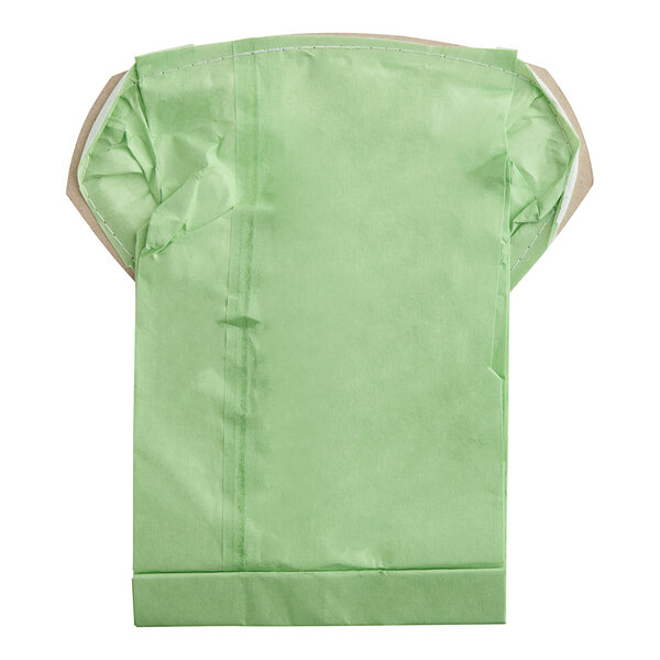A green paper bag with a white background.