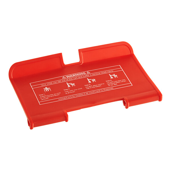A red plastic tray with white text that reads "Regency Red Shopping Cart Seat" and four symbols.