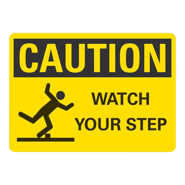 A white rectangular adhesive safety label with "Caution / Watch Your Step" in black text and a black figure with arms out above the words.