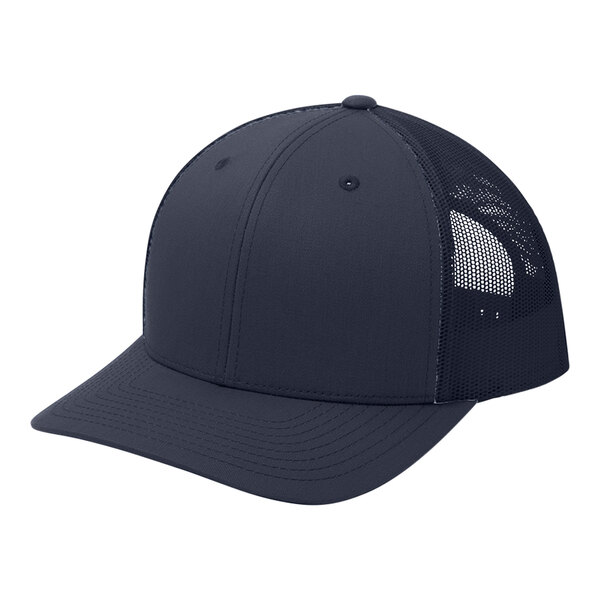 A navy blue Sport-Tek trucker cap with a mesh back.