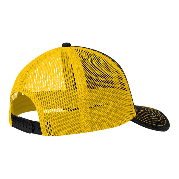 A black trucker cap with yellow and black accents and a black mesh back.