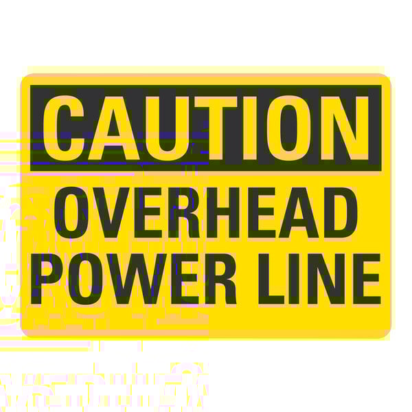 A yellow and black rectangular Lavex safety label with black text reading "Caution / Overhead Power Line"