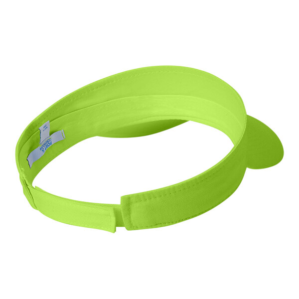 A lime green Port & Company visor with a blue band.