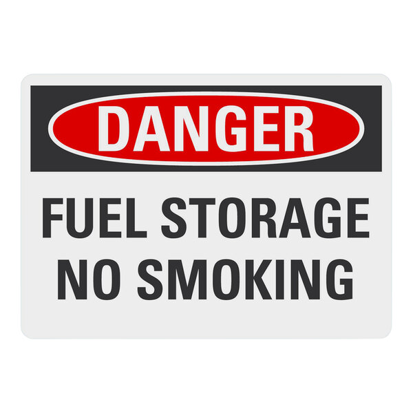 A white Lavex adhesive vinyl safety label with the text "Danger Fuel Storage No Smoking" in red.