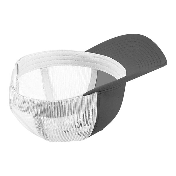 A white and gray structured baseball cap with a mesh back.