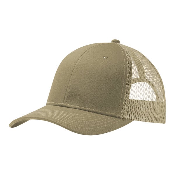 A close-up of a Port Authority trucker cap with a mesh back in coyote brown.