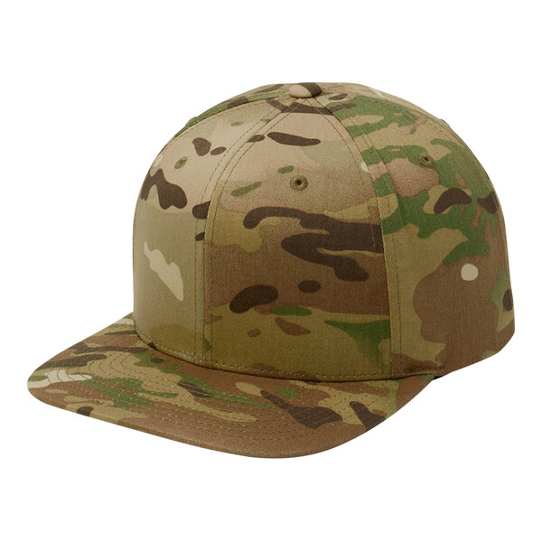 A Multicam 6-panel baseball cap with a flat brim in camouflage print.