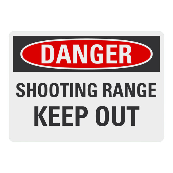 A white Lavex adhesive vinyl safety label with black text that reads "Danger / Shooting Range / Keep Out"