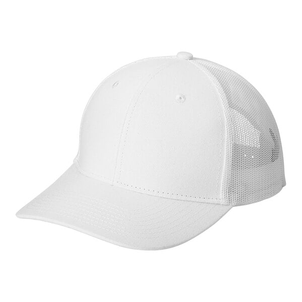 A white Port Authority trucker cap with a mesh back.