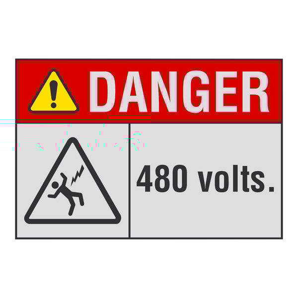 A Lavex adhesive vinyl safety label with the text "Danger 480 Volts" and a warning symbol.