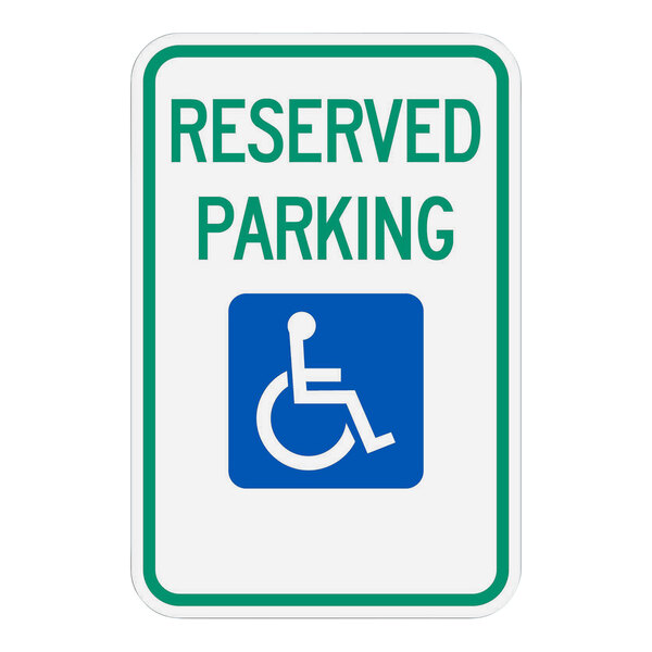 A white and blue Lavex "Reserved Parking" sign with a white wheelchair symbol.