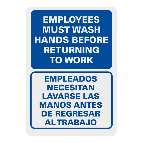 A blue and white plastic sign reading "Employees Must Wash Hands Before Returning To Work" in English and Spanish.