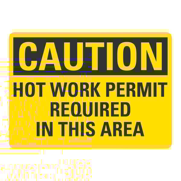 A yellow and black rectangular Lavex safety label with the words "Caution / Hot Work Permit Required In This Area" in black letters.