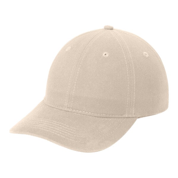A beige Port & Company 6-panel dad cap.