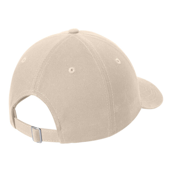 A tan Port & Company 6-panel dad cap with a metal buckle on the back.