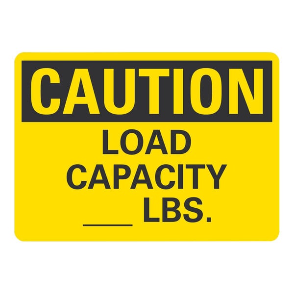 A yellow rectangular aluminum sign with black text that says "Caution Load Capacity (Blank) Lbs."