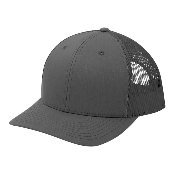 A graphite Sport-Tek trucker cap with a mesh back.