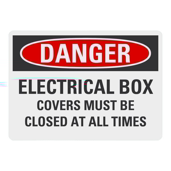 A white rectangular Lavex safety label with black text that says "Danger / Electrical Box Covers Must Be Closed At All Times"