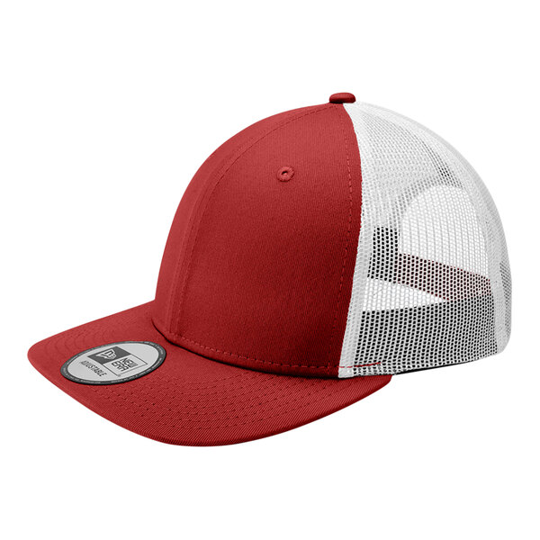 A red and white New Era trucker cap with white mesh.