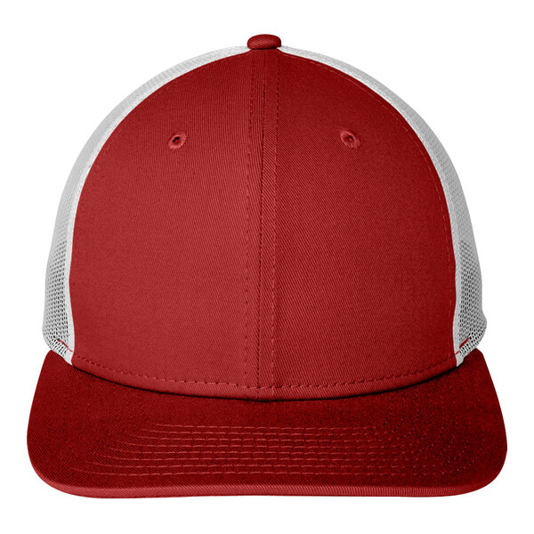 A scarlet and white New Era 6-panel trucker cap with mesh back.