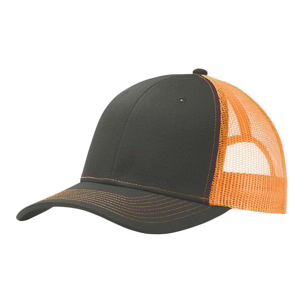 A grey and orange trucker hat with a grey mesh back.