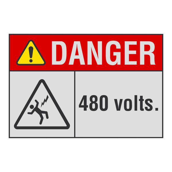 A white Lavex plastic safety sign with text reading "Danger 480 Volts" and a warning symbol.