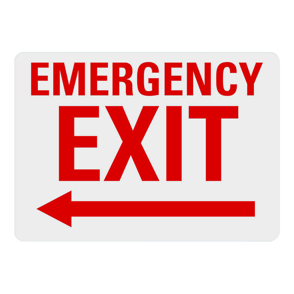 A white rectangular sign with red "Emergency Exit" text and a left arrow.