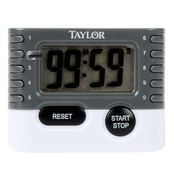 A white Taylor digital kitchen timer with the number 9 on the display.