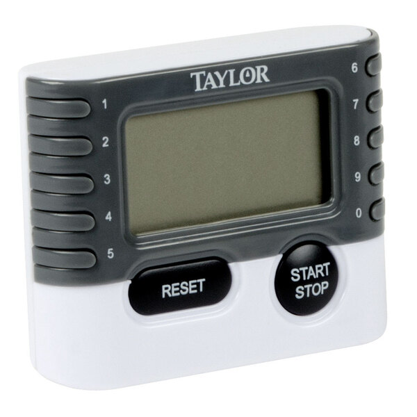 A grey and white Taylor digital kitchen timer.
