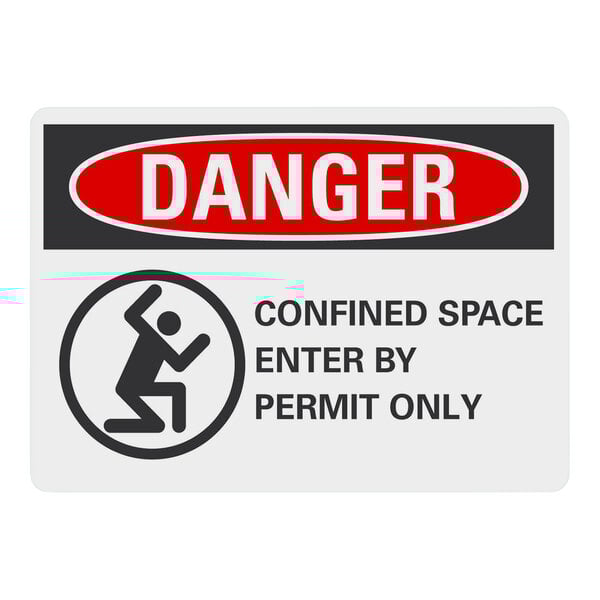 A white rectangular aluminum sign with red and black text that says "Danger / Confined Space / Enter By Permit Only" and includes symbols.