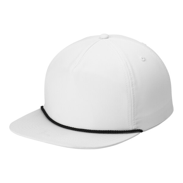 A white hat with a black cord.